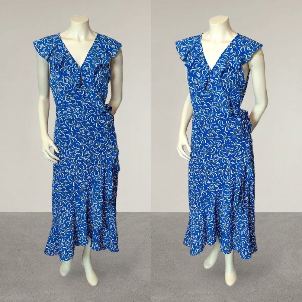 MAX STUDIO Blue Floral Patterned Ruffle Wrap Midi Dress Size L
